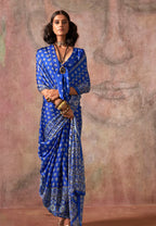 Monjolika Fashion Blue Color Ajrakh Print With Bandhej Pattern Satin Georgette Saree | Grocsy