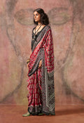 Monjolika Fashion Red & Black Color Ajrakh Print With Bandhej Pattern Satin Georgette Saree | Grocsy