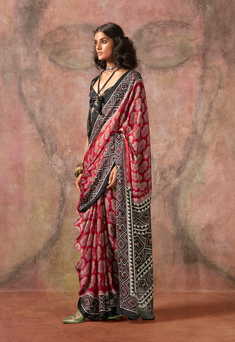 Monjolika Fashion Red & Black Color Ajrakh Print With Bandhej Pattern Satin Georgette Saree | Grocsy
