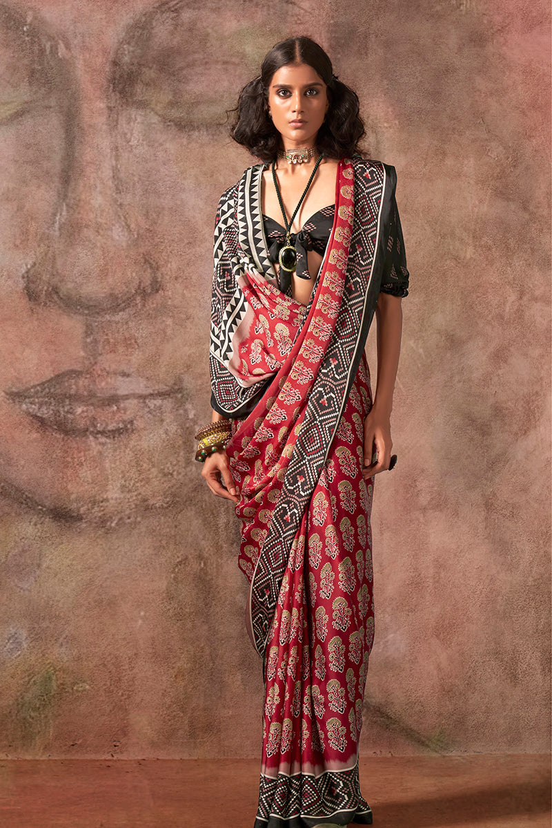 Monjolika Fashion Red & Black Color Ajrakh Print With Bandhej Pattern Satin Georgette Saree | Grocsy