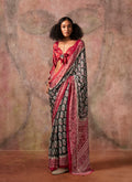 Monjolika Fashion Black & Red Color Ajrakh Print With Bandhej Pattern Satin Georgette Saree | Grocsy