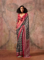 Monjolika Fashion Black & Red Color Ajrakh Print With Bandhej Pattern Satin Georgette Saree | Grocsy