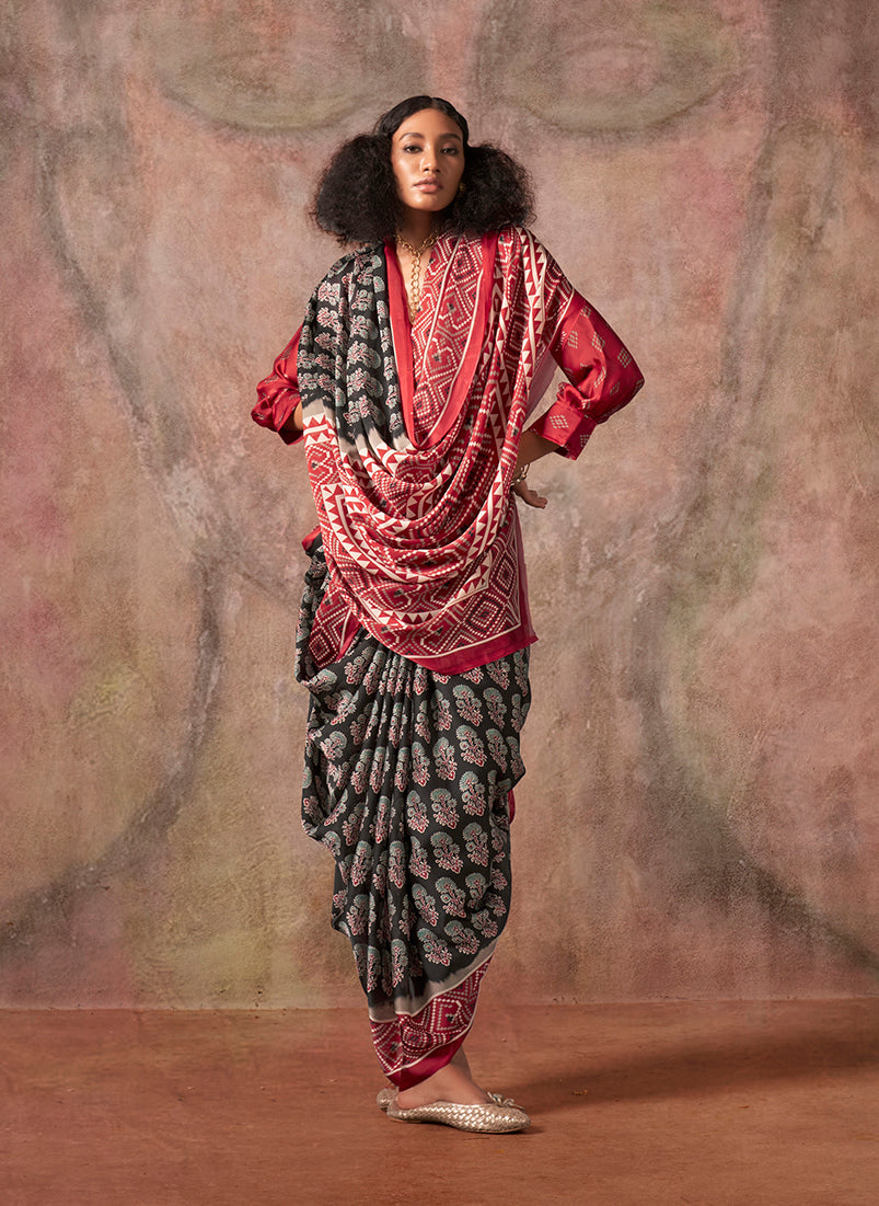 Monjolika Fashion Black & Red Color Ajrakh Print With Bandhej Pattern Satin Georgette Saree | Grocsy