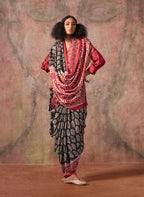 Monjolika Fashion Black & Red Color Ajrakh Print With Bandhej Pattern Satin Georgette Saree | Grocsy