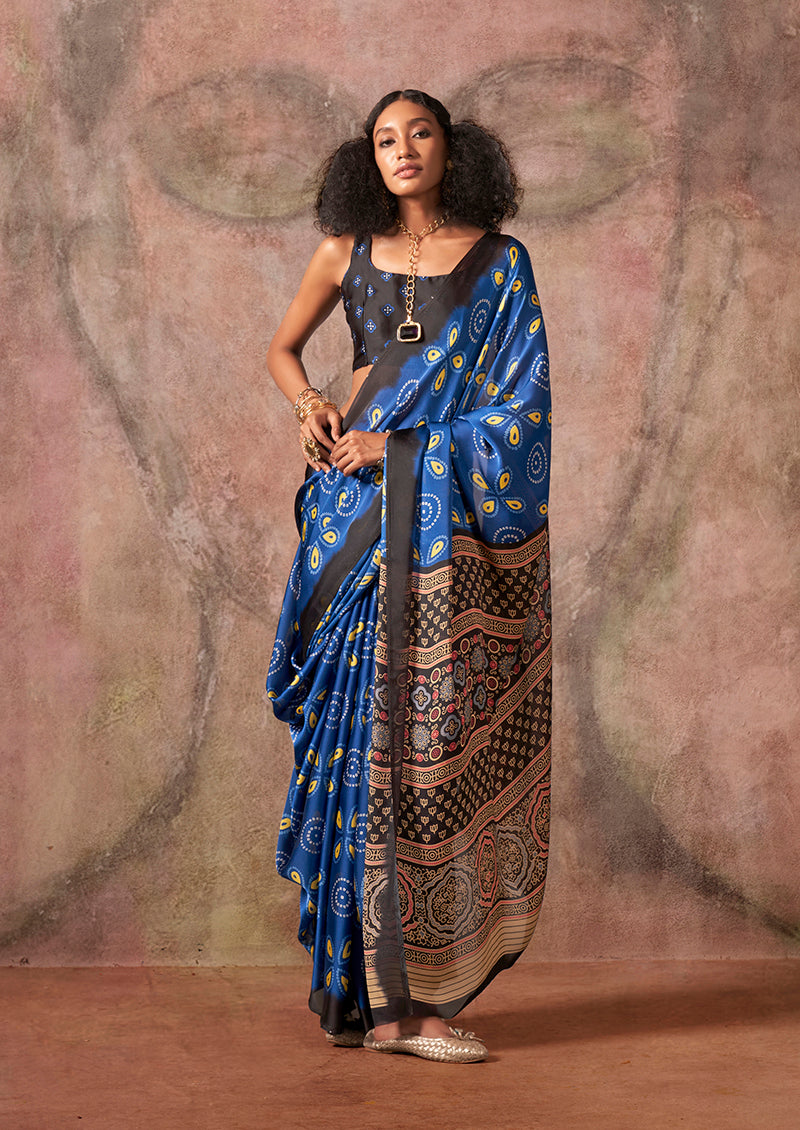 Monjolika Fashion Blue & Black Color Ajrakh Print With Bandhej Pattern Satin Georgette Saree | Grocsy