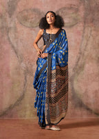Monjolika Fashion Blue & Black Color Ajrakh Print With Bandhej Pattern Satin Georgette Saree | Grocsy