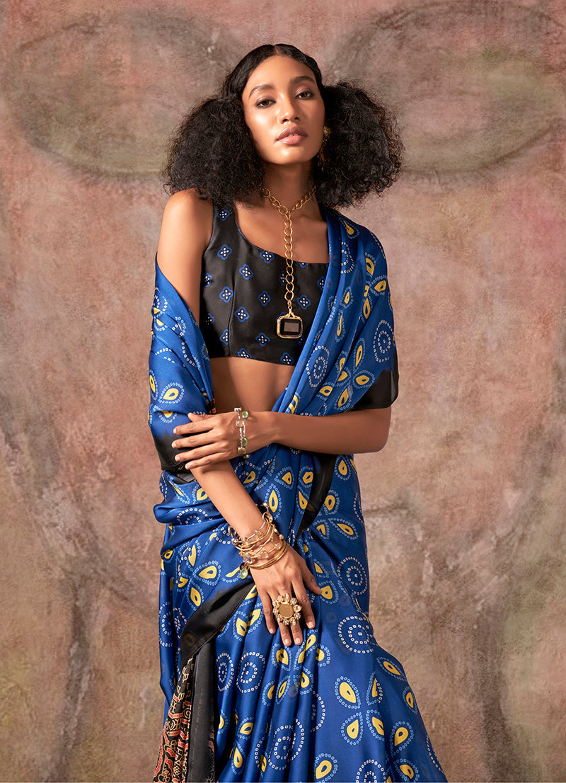 Monjolika Fashion Blue & Black Color Ajrakh Print With Bandhej Pattern Satin Georgette Saree | Grocsy