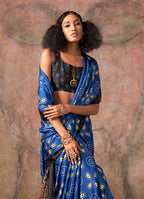 Monjolika Fashion Blue & Black Color Ajrakh Print With Bandhej Pattern Satin Georgette Saree | Grocsy