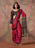Monjolika Fashion Red Color Ajrakh Print With Bandhej Pattern Satin Georgette Saree | Grocsy