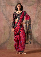 Monjolika Fashion Red Color Ajrakh Print With Bandhej Pattern Satin Georgette Saree | Grocsy