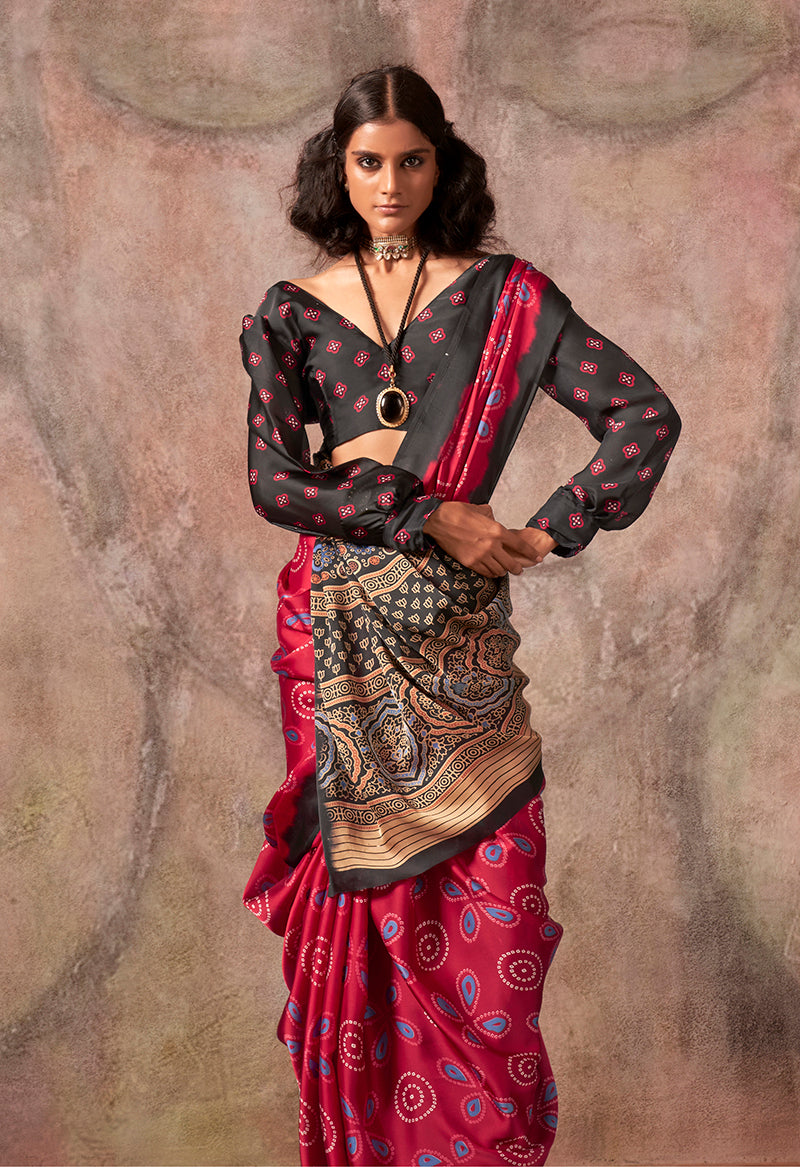 Monjolika Fashion Red Color Ajrakh Print With Bandhej Pattern Satin Georgette Saree | Grocsy