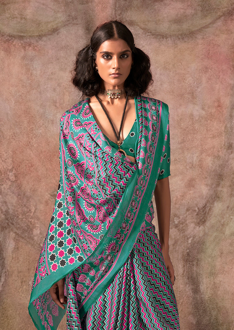 Monjolika Fashion Turquoise Color Ajrakh Print With Bandhej Pattern Satin Georgette Saree | Grocsy