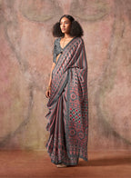 Monjolika Fashion Grey Color Ajrakh Print With Bandhej Pattern Satin Georgette Saree | Grocsy