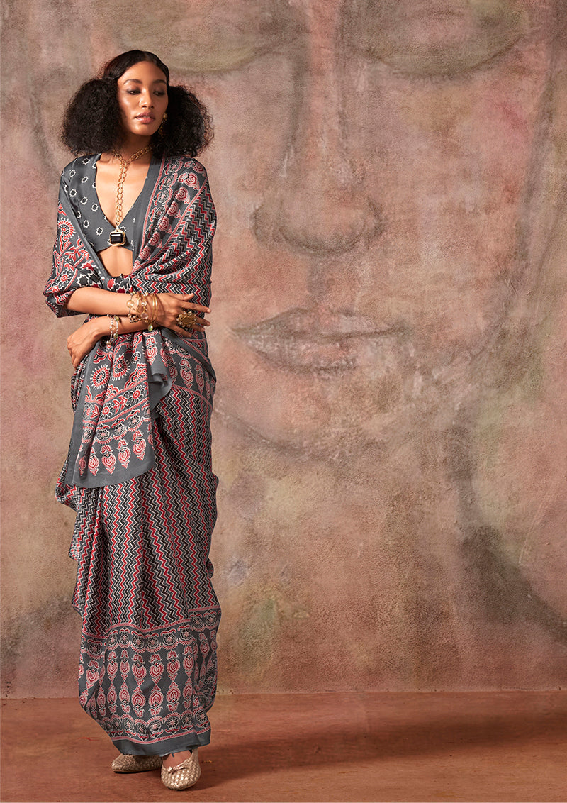 Monjolika Fashion Grey Color Ajrakh Print With Bandhej Pattern Satin Georgette Saree | Grocsy