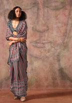 Monjolika Fashion Grey Color Ajrakh Print With Bandhej Pattern Satin Georgette Saree | Grocsy