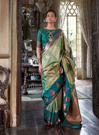 Monjolika Fashion Green Zari Woven Work Silk Indian Traditional Wear Saree | Grocsy