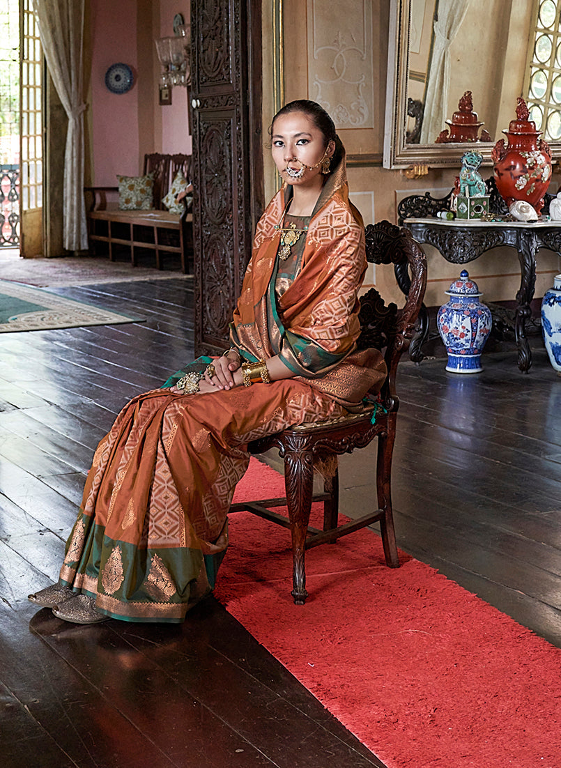 Monjolika Fashion Rust Zari Woven Work Silk Indian Traditional Wear Saree | Grocsy