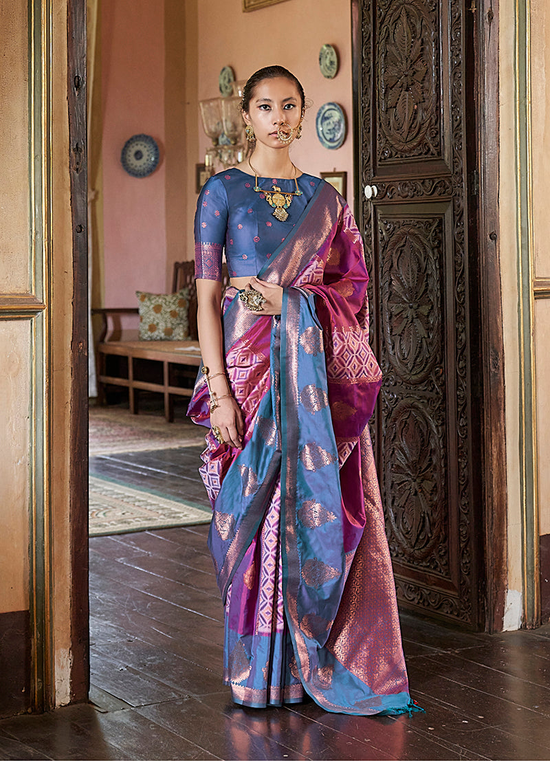 Monjolika Fashion Magenta Zari Woven Work Silk Indian Traditional Wear Saree | Grocsy