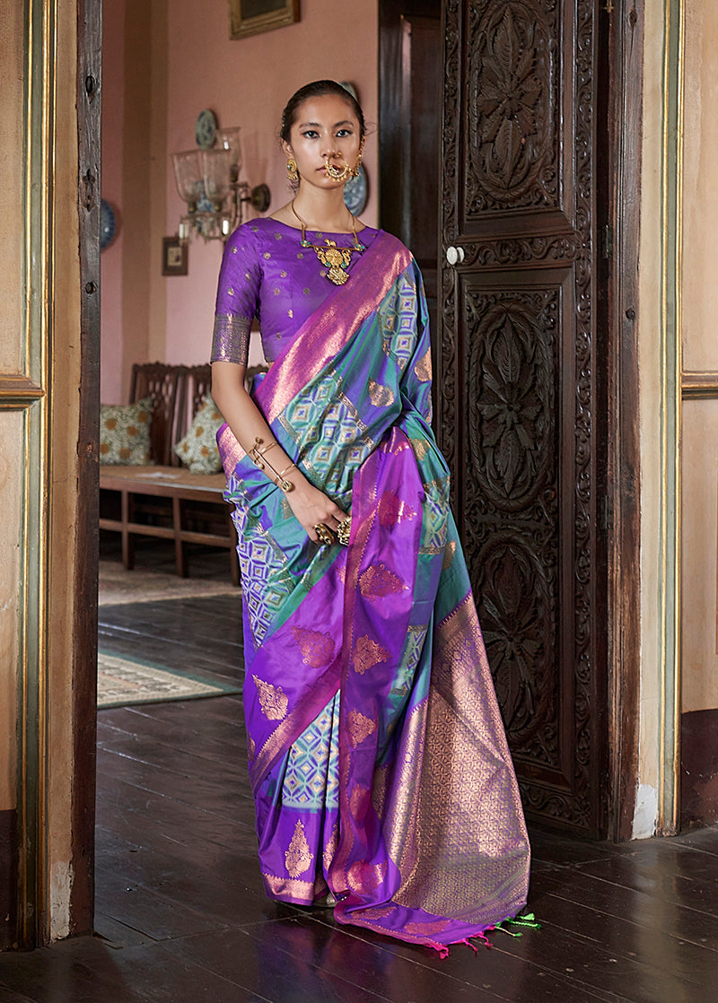 Monjolika Fashion Turquoise Zari Woven Work Silk Indian Traditional Wear Saree | Grocsy