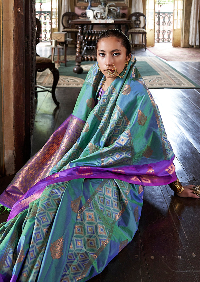 Monjolika Fashion Turquoise Zari Woven Work Silk Indian Traditional Wear Saree | Grocsy