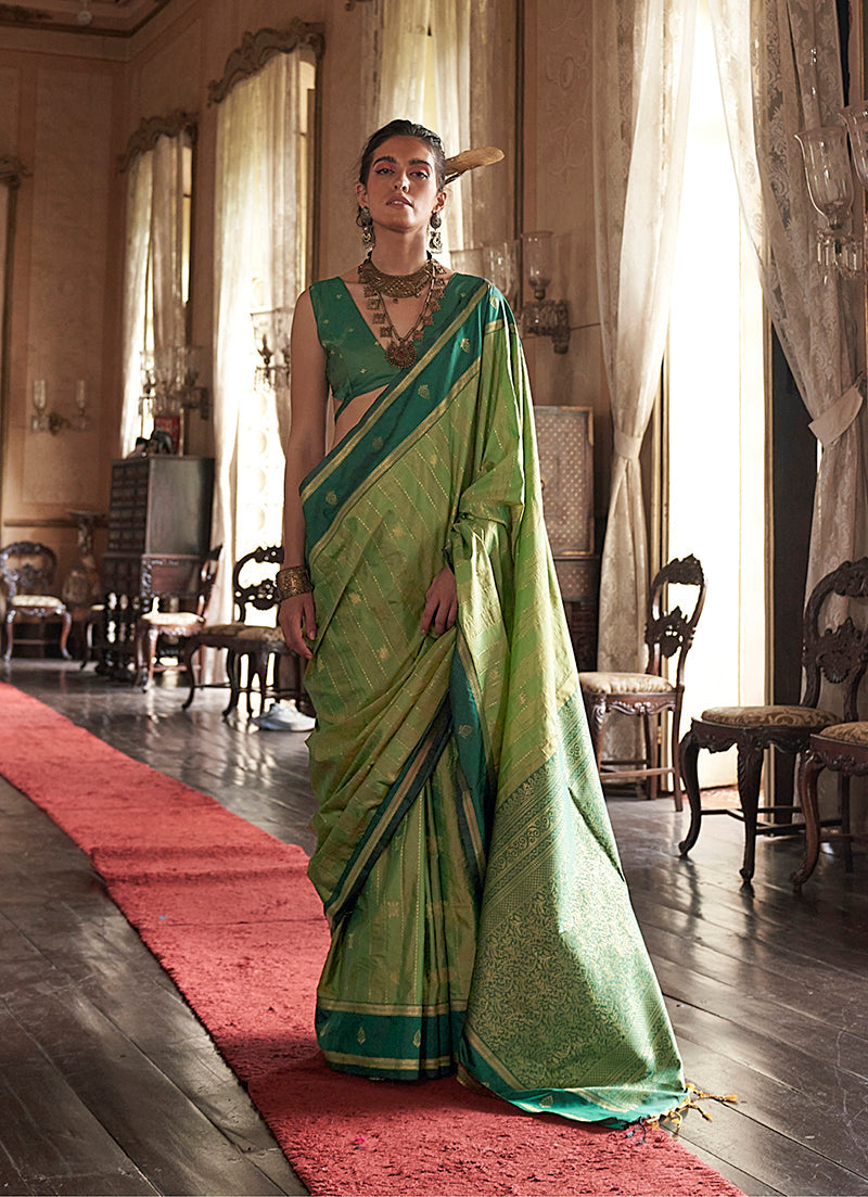 Monjolika Fashion Parrot Green Exclusive Tussar Silk With Elegant Weaving Work Traditional Saree | Grocsy