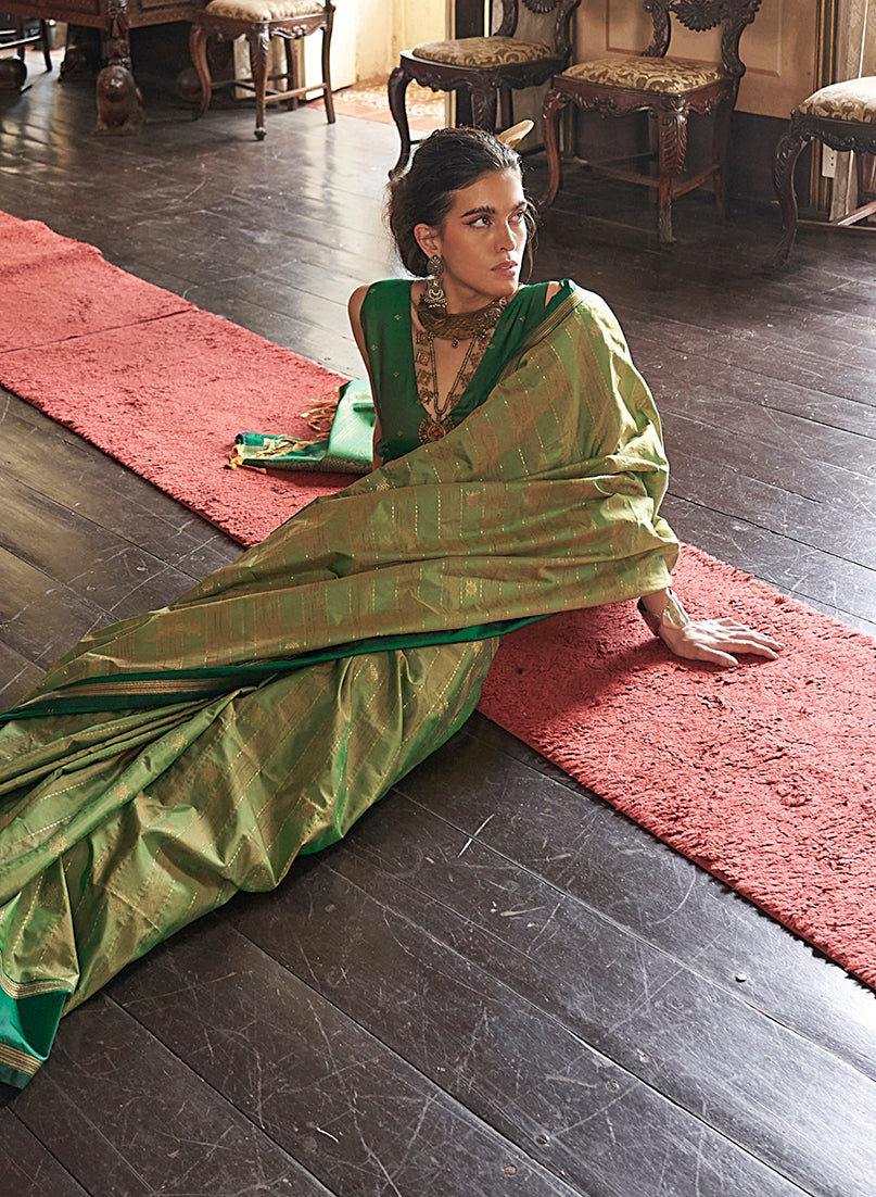 Monjolika Fashion Parrot Green Exclusive Tussar Silk With Elegant Weaving Work Traditional Saree | Grocsy