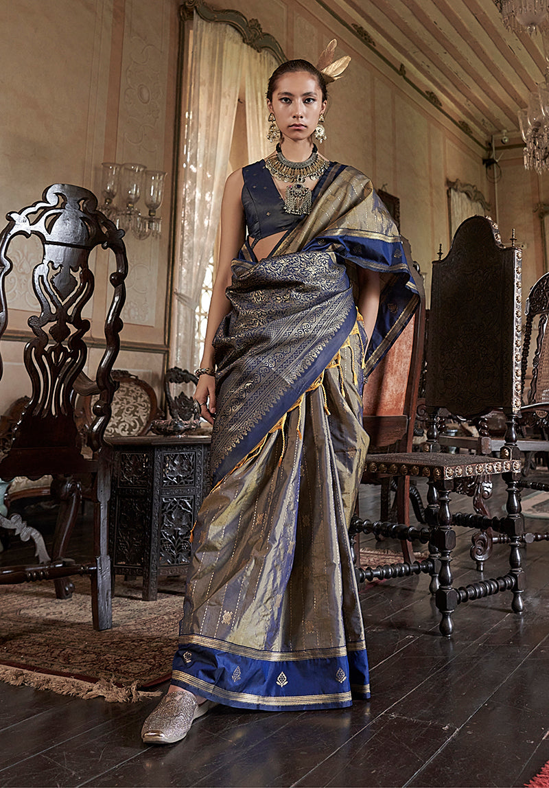 Monjolika Fashion Golden Exclusive Tussar Silk With Elegant Weaving Work Traditional Saree | Grocsy