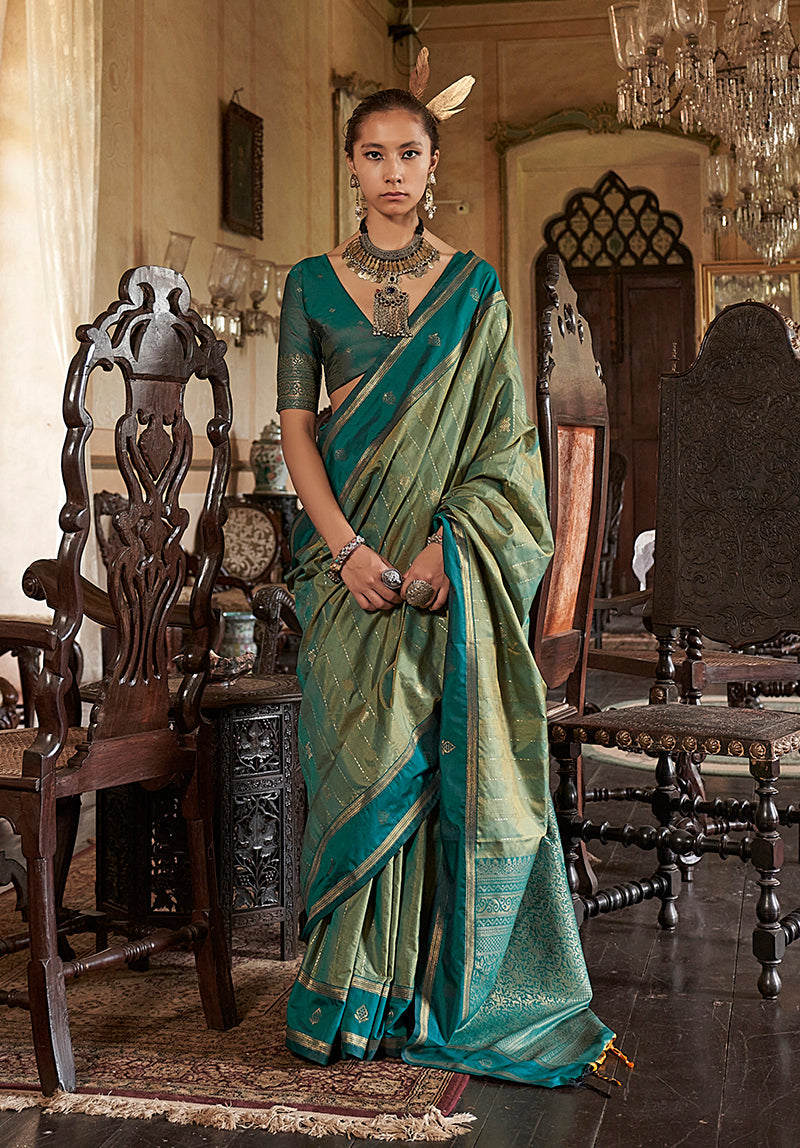 Monjolika Fashion Sea Green Exclusive Tussar Silk With Elegant Weaving Work Traditional Saree | Grocsy