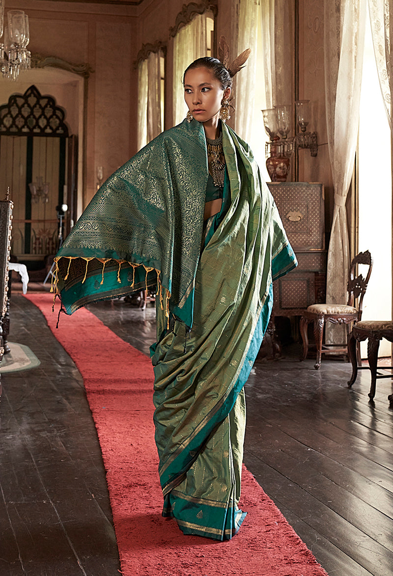 Monjolika Fashion Sea Green Exclusive Tussar Silk With Elegant Weaving Work Traditional Saree | Grocsy
