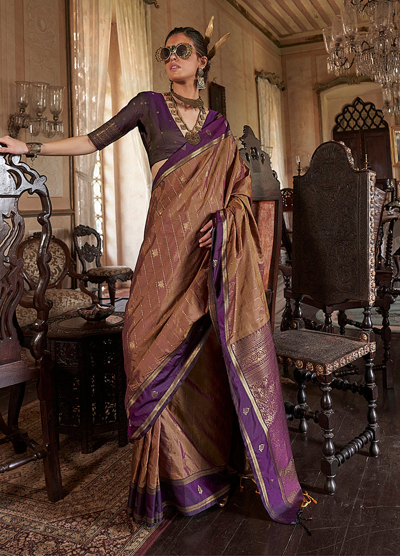Monjolika Fashion Brown Exclusive Tussar Silk With Elegant Weaving Work Traditional Saree | Grocsy