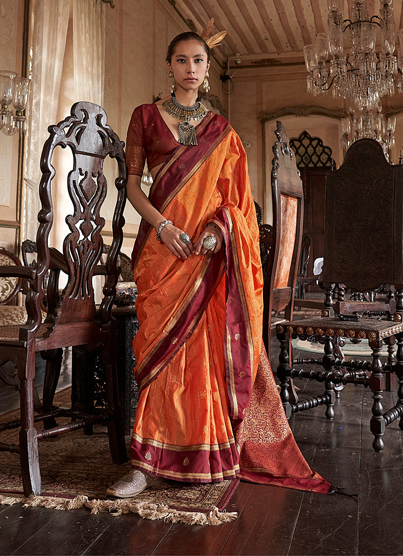 Monjolika Fashion Orange Exclusive Tussar Silk With Elegant Weaving Work Traditional Saree | Grocsy