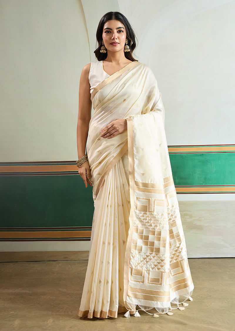Monjolika Fashion Off White Handloom Weaving Silk Festival Wear Saree | Grocsy