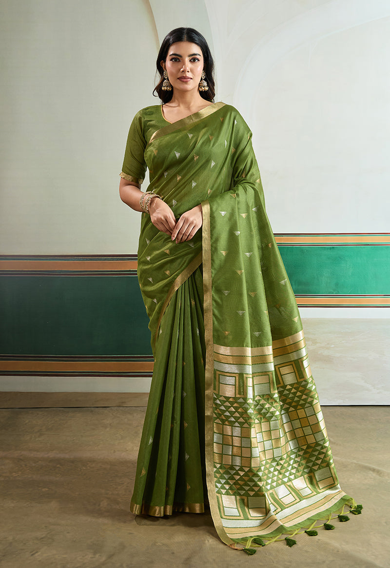 Monjolika Fashion Green Handloom Weaving Silk Festival Wear Saree | Grocsy