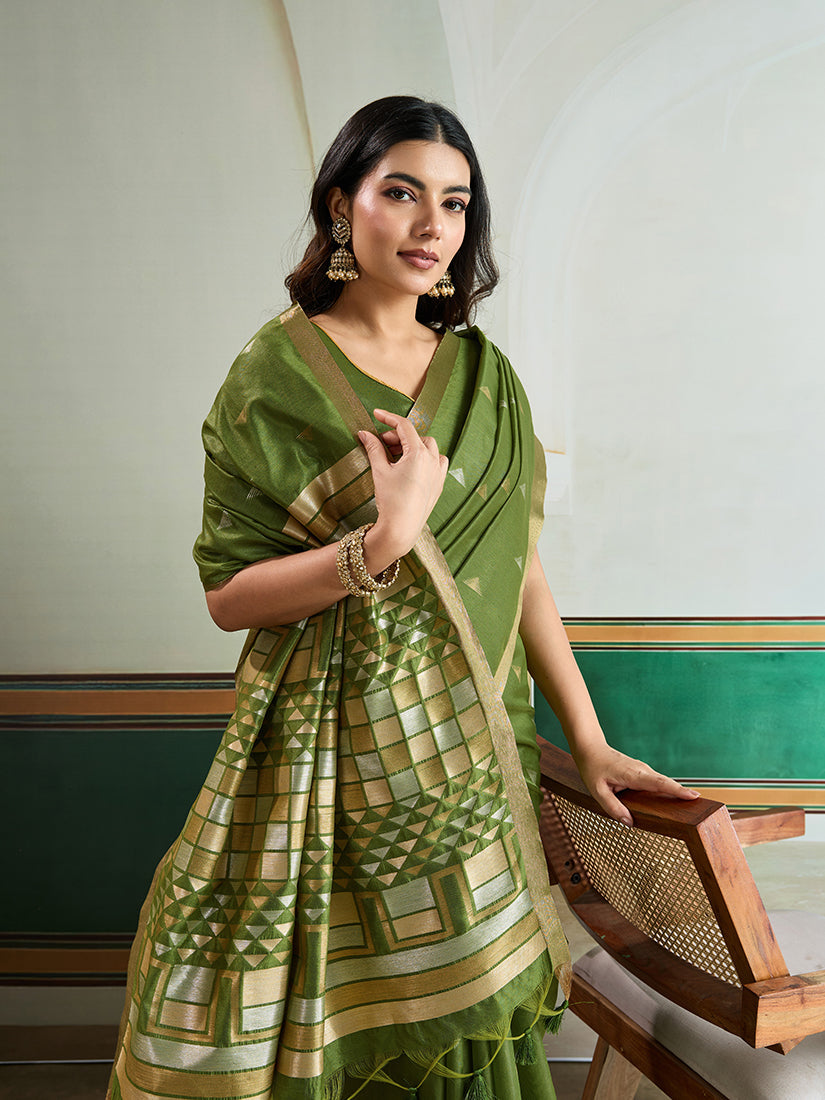 Monjolika Fashion Green Handloom Weaving Silk Festival Wear Saree | Grocsy
