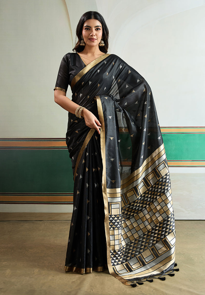 Monjolika Fashion Black Handloom Weaving Silk Festival Wear Saree | Grocsy