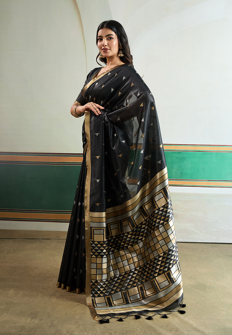 Monjolika Fashion Black Handloom Weaving Silk Festival Wear Saree | Grocsy