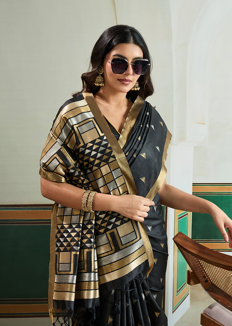 Monjolika Fashion Black Handloom Weaving Silk Festival Wear Saree | Grocsy