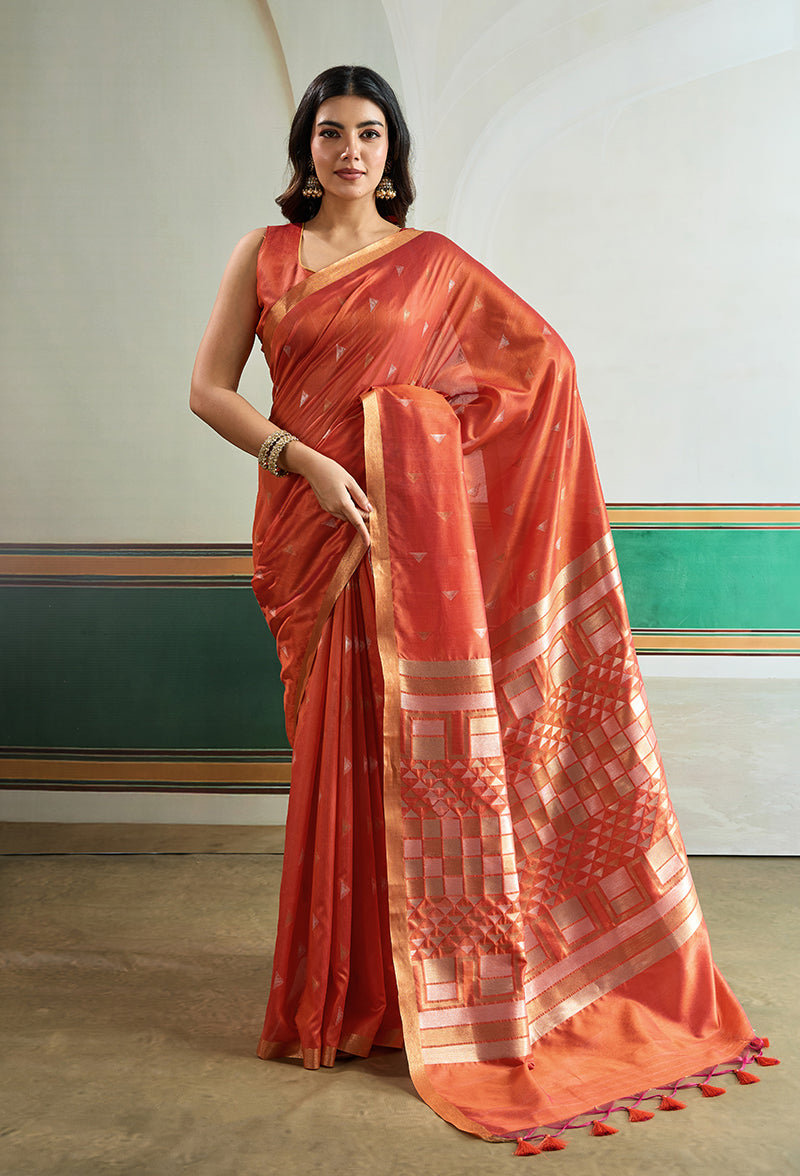 Monjolika Fashion Dark Peach Handloom Weaving Silk Festival Wear Saree | Grocsy
