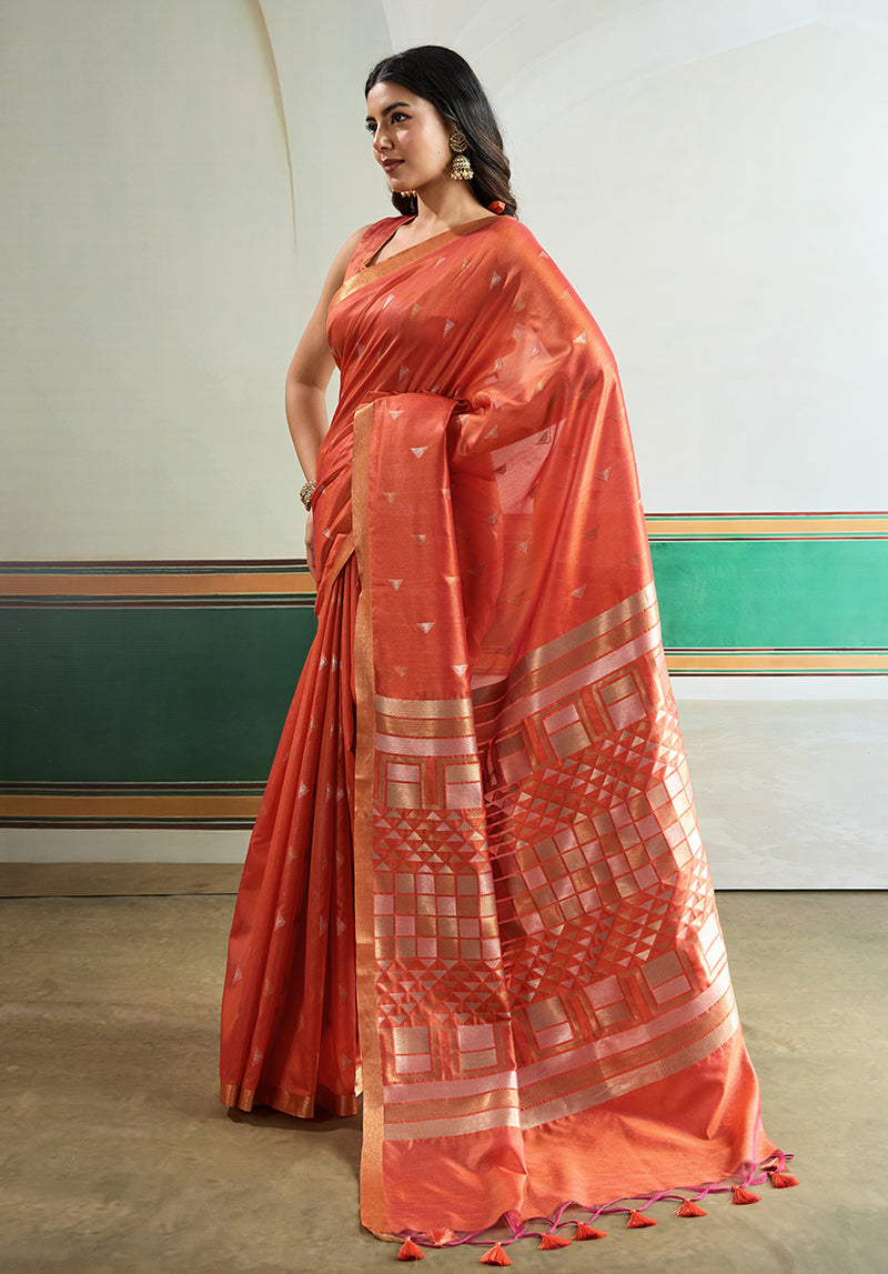 Monjolika Fashion Dark Peach Handloom Weaving Silk Festival Wear Saree | Grocsy