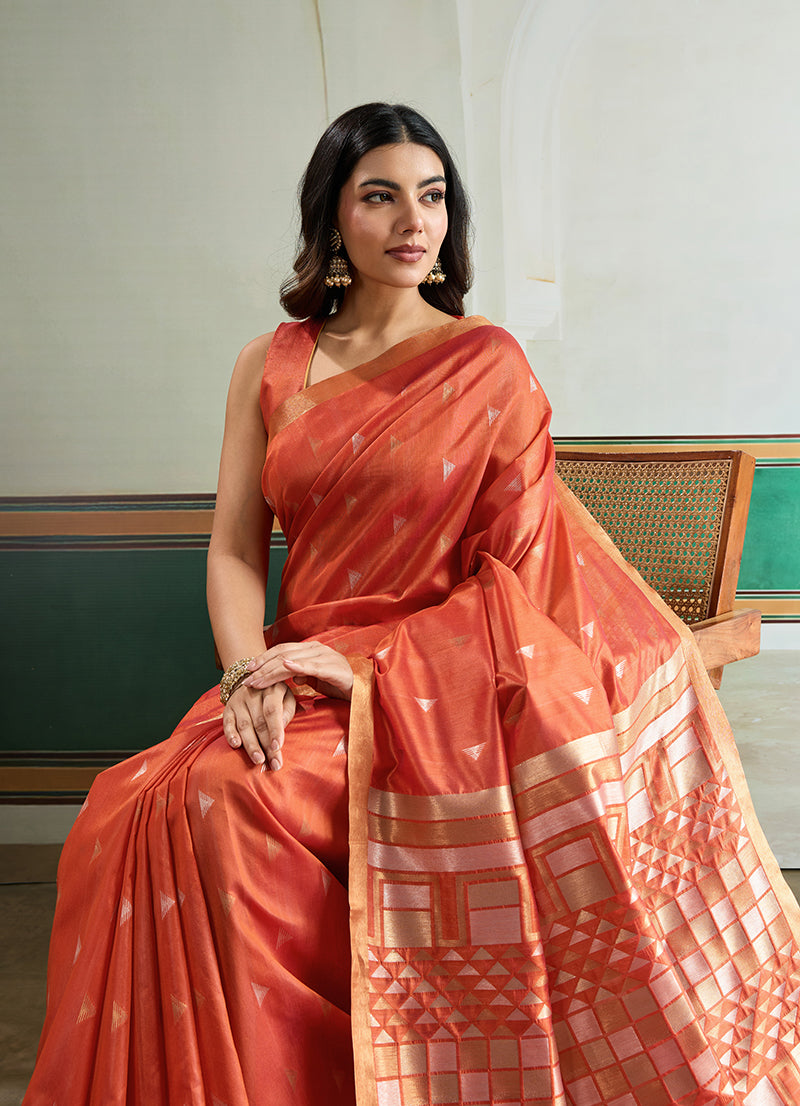 Monjolika Fashion Dark Peach Handloom Weaving Silk Festival Wear Saree | Grocsy