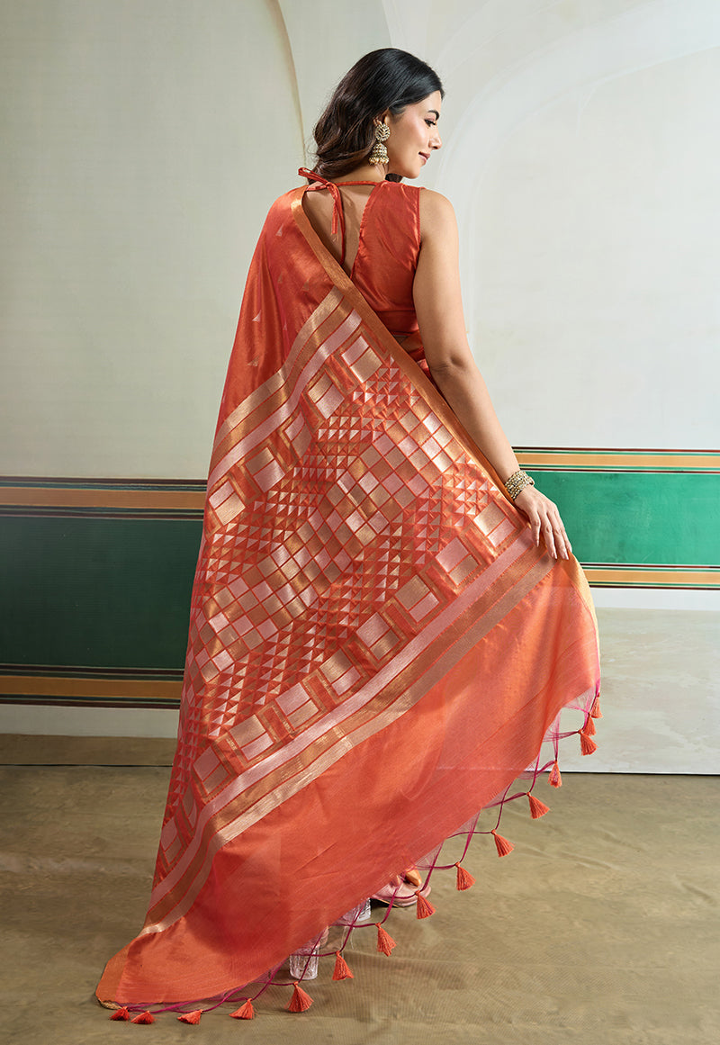 Monjolika Fashion Dark Peach Handloom Weaving Silk Festival Wear Saree | Grocsy