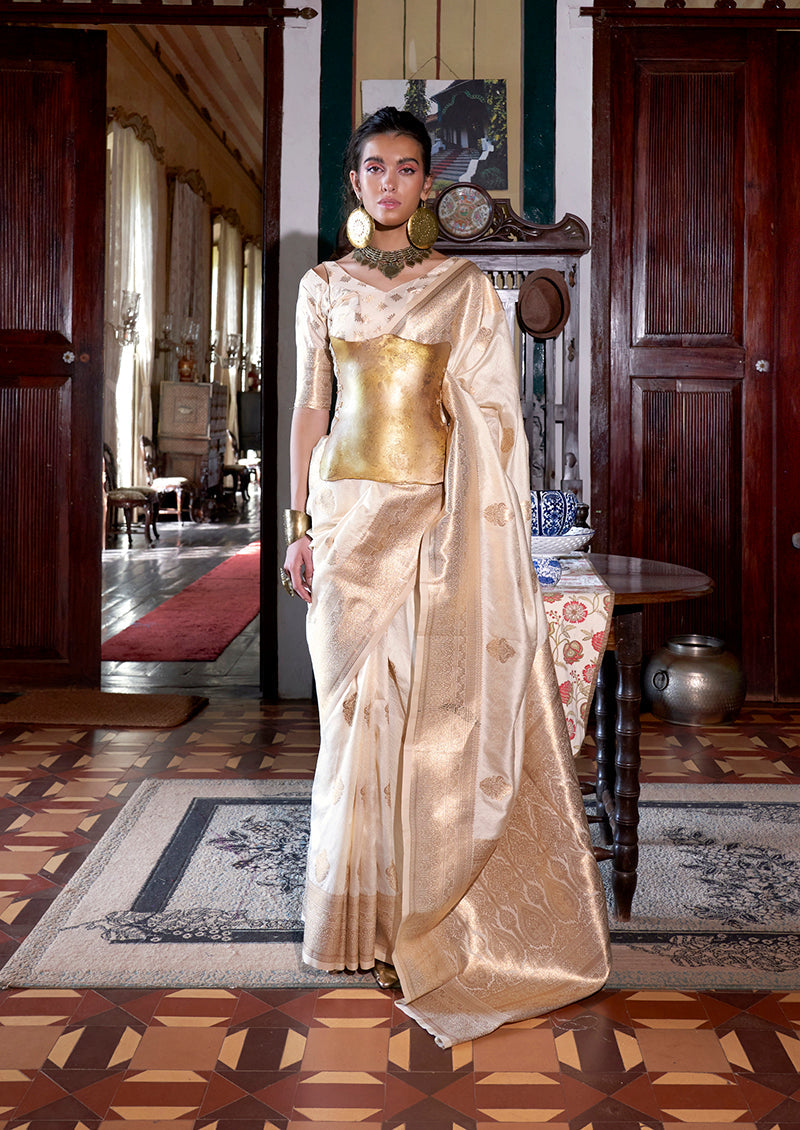 Monjolika Fashion Cream Color Two Tone Handloom Weaving Silk Traditional Saree | Grocsy