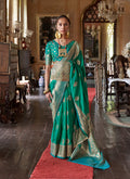 Monjolika Fashion Teal Color Two Tone Handloom Weaving Silk Traditional Saree | Grocsy
