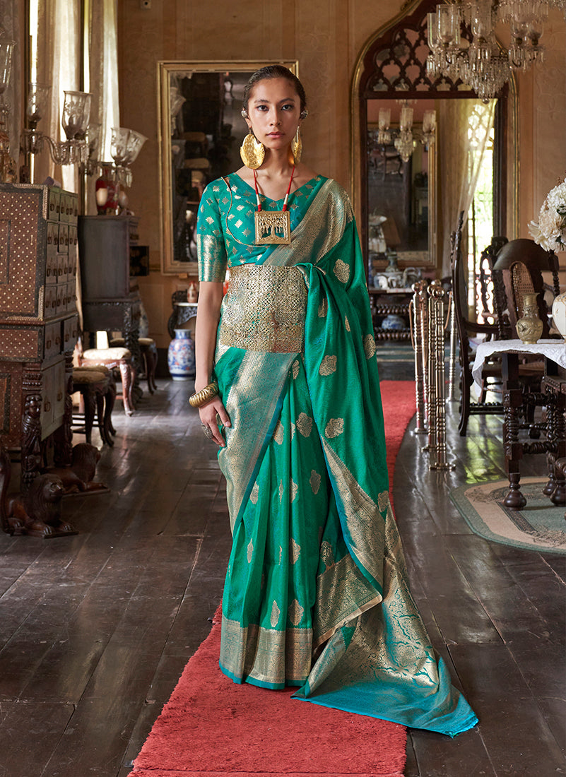 Monjolika Fashion Teal Color Two Tone Handloom Weaving Silk Traditional Saree | Grocsy