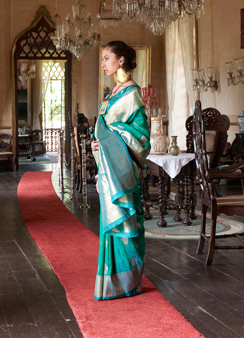 Monjolika Fashion Teal Color Two Tone Handloom Weaving Silk Traditional Saree | Grocsy