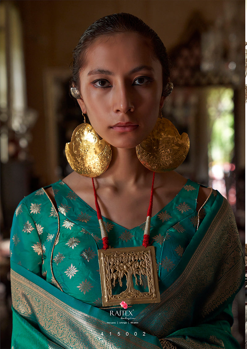 Monjolika Fashion Teal Color Two Tone Handloom Weaving Silk Traditional Saree | Grocsy