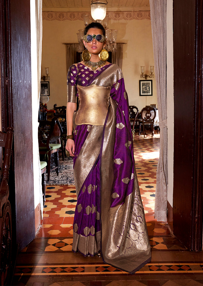 Monjolika Fashion Purple Color Two Tone Handloom Weaving Silk Traditional Saree | Grocsy