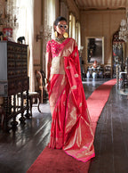 Monjolika Fashion Pink Color Two Tone Handloom Weaving Silk Traditional Saree | Grocsy