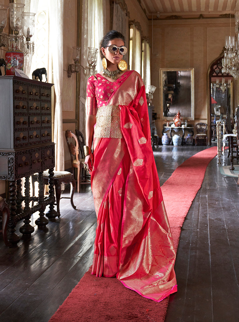 Monjolika Fashion Pink Color Two Tone Handloom Weaving Silk Traditional Saree | Grocsy