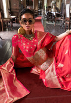 Monjolika Fashion Pink Color Two Tone Handloom Weaving Silk Traditional Saree | Grocsy